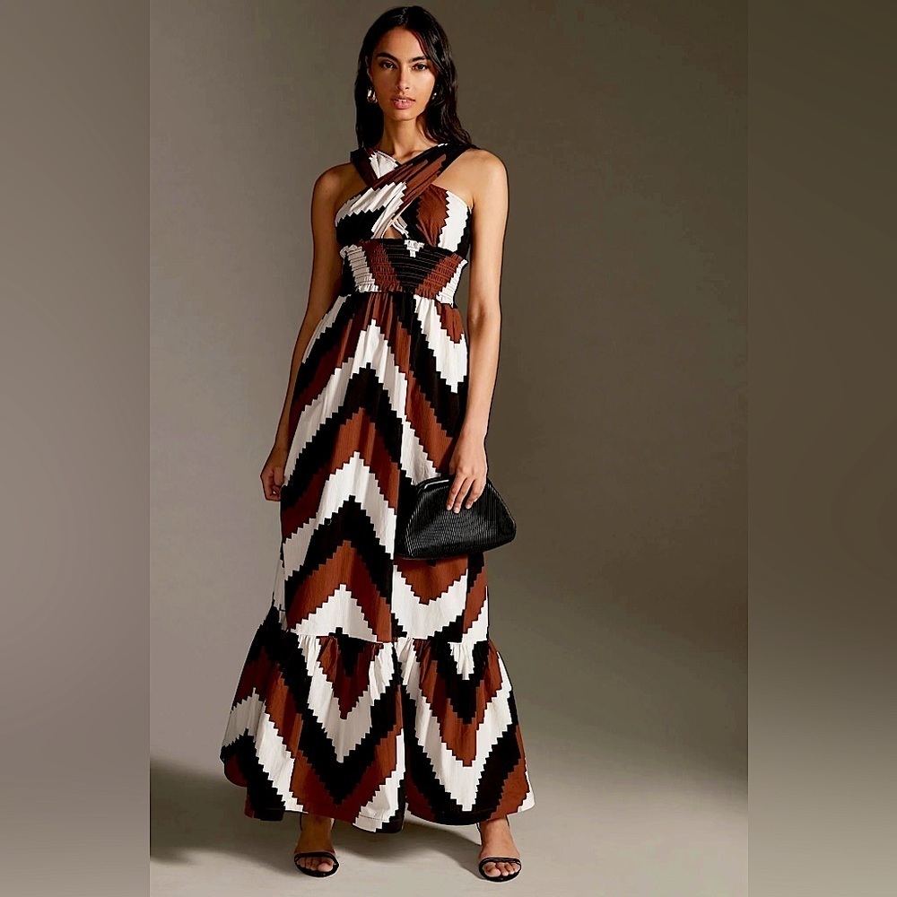 Anthropologie Tiered Maxi Dress Brown Size Small Smocked Vacation Travel Resort